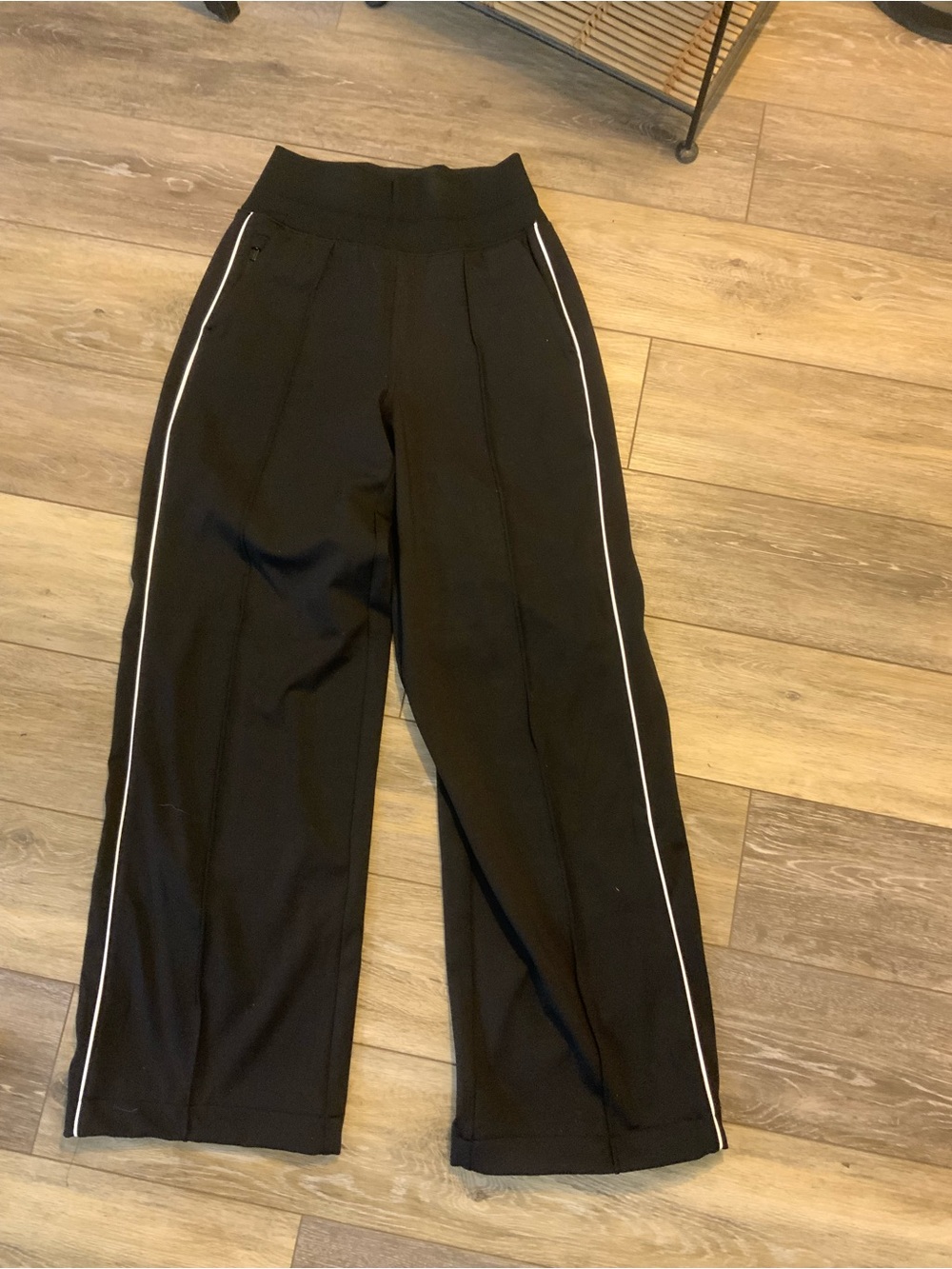 Athleta Black Wide-Leg Track Pants with White Side Piping